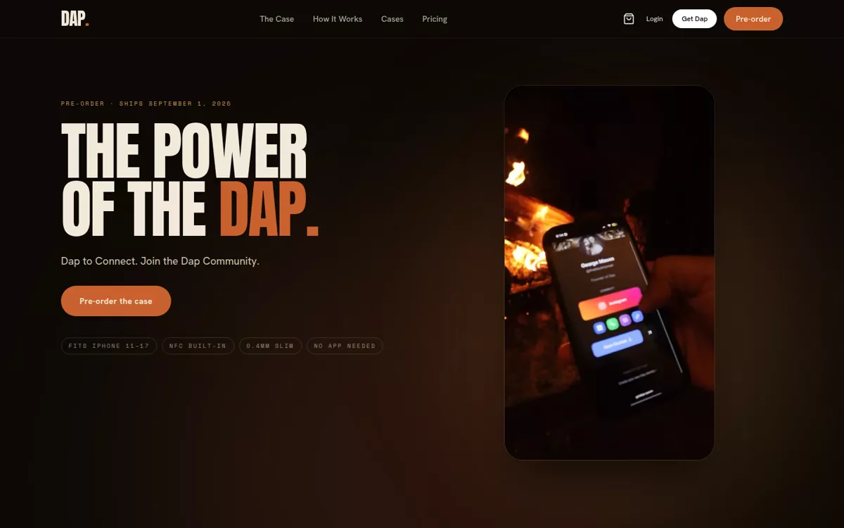 Dap homepage: "The power of the Dap" next to a phone showing a Dap profile