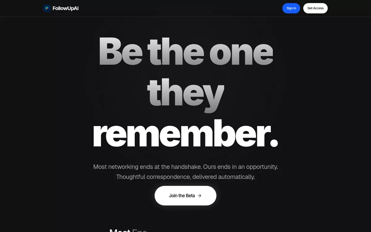 FollowUpAI homepage: "Be the one they remember" with a Join the Beta button